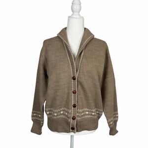 Handmade Womens Wool Tan White Cardigan Sweater Est Size M/L Fair Isle Cabincore